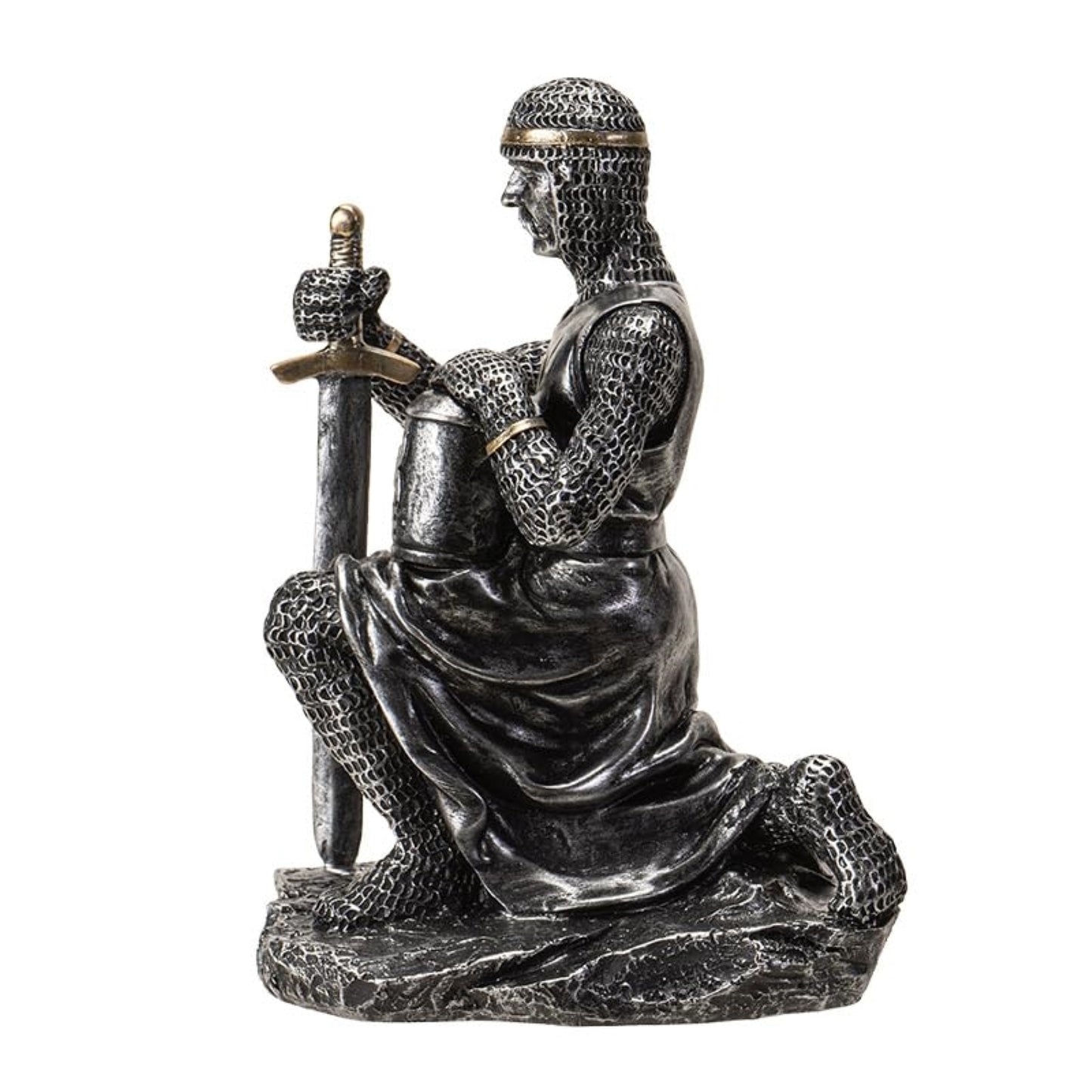Kneeling Medieval Knight Figurine with Sword and Shield Detailed Resin Decor 6.1 inches Tall