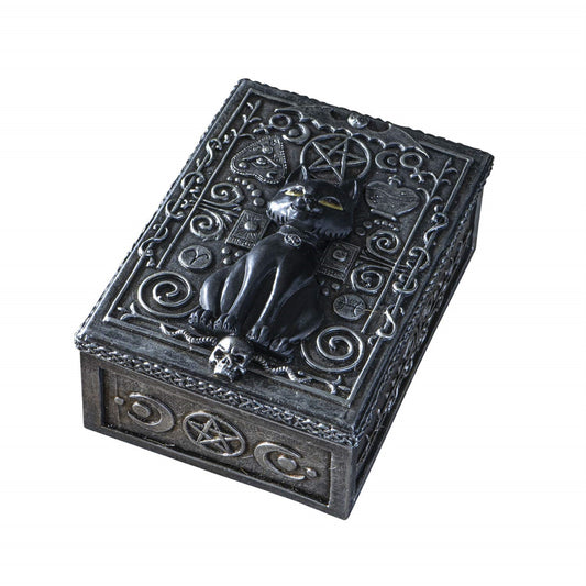 Fortune Telling Black Cat Reader Design Sculptural Tarot Box Jewelry Trinket Keepsake Home Decor 5.25 inch L
