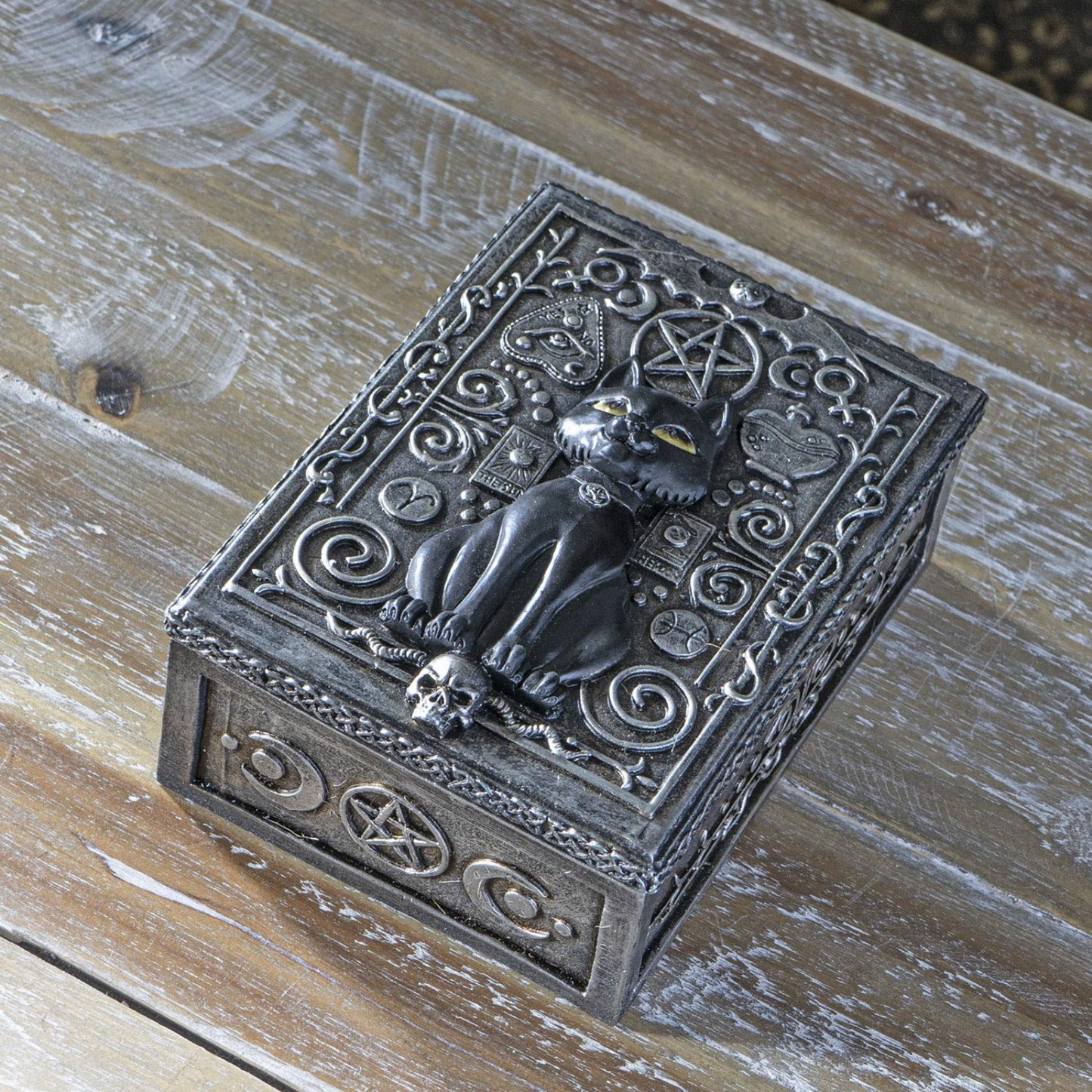 Fortune Telling Black Cat Reader Design Sculptural Tarot Box Jewelry Trinket Keepsake Home Decor 5.25 inch L