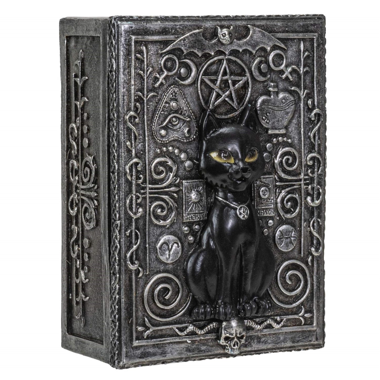 Fortune Telling Black Cat Reader Design Sculptural Tarot Box Jewelry Trinket Keepsake Home Decor 5.25 inch L