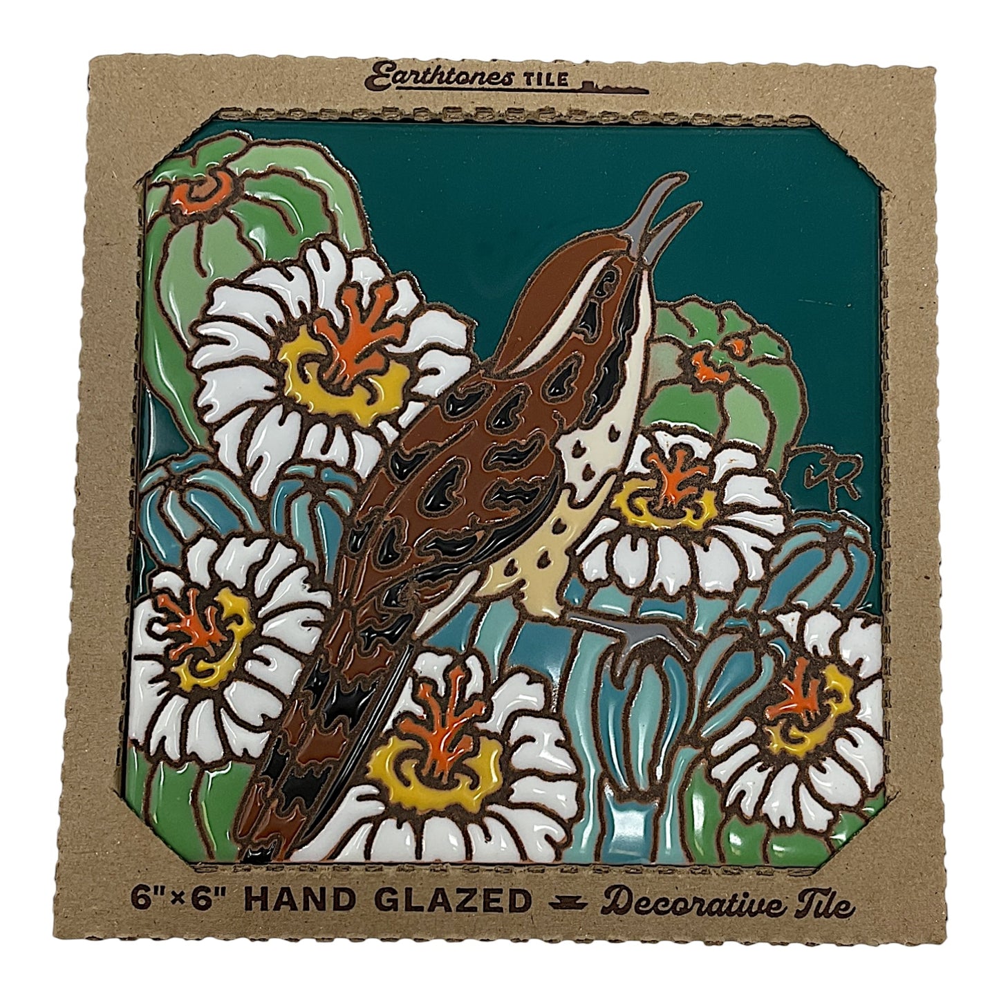 Earthtones Desert Wren with Cactus Blooms 6X6 Colorful Hand Glazed Southwest Decorative Tile
