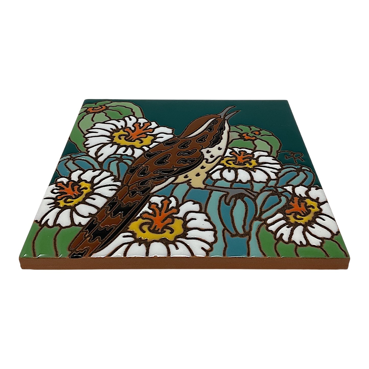 Earthtones Desert Wren with Cactus Blooms 6X6 Colorful Hand Glazed Southwest Decorative Tile