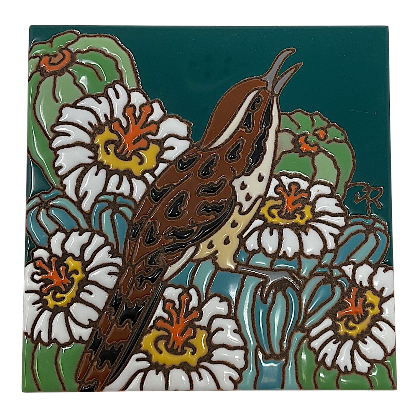 Earthtones Desert Wren with Cactus Blooms 6X6 Colorful Hand Glazed Southwest Decorative Tile