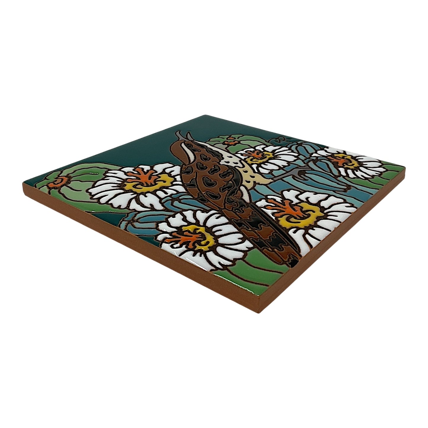 Earthtones Desert Wren with Cactus Blooms 6X6 Colorful Hand Glazed Southwest Decorative Tile