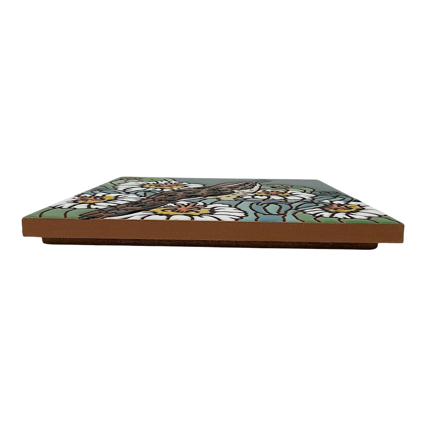 Earthtones Desert Wren with Cactus Blooms 6X6 Colorful Hand Glazed Southwest Decorative Tile