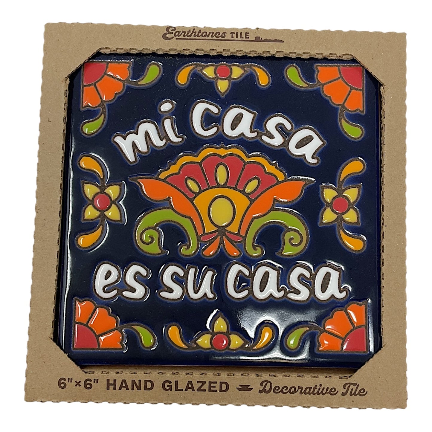 Earthtones Talavera Mi Casa es Su Casa Dark Blue 6X6 Colorful Hand Glazed Southwest Decorative Tile
