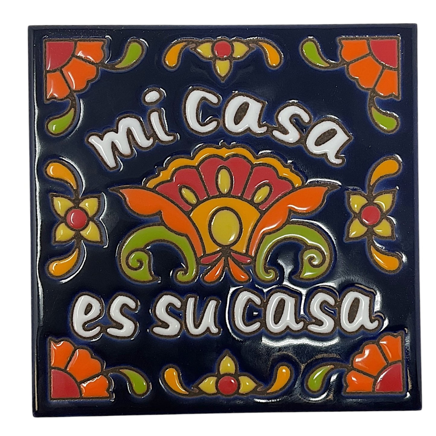 Earthtones Talavera Mi Casa es Su Casa Dark Blue 6X6 Colorful Hand Glazed Southwest Decorative Tile