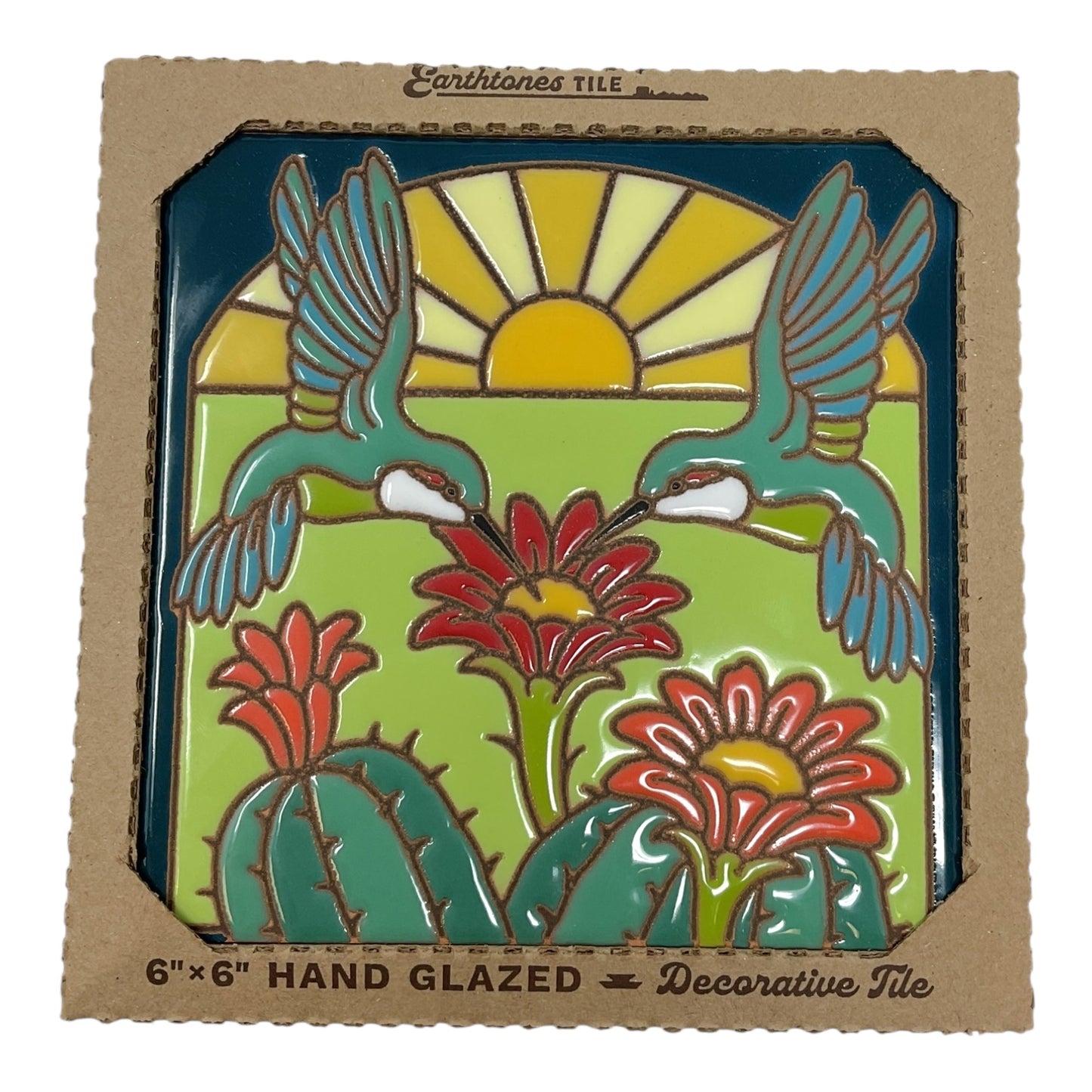 Earthtones Hummingbirds with Barrel Cactus 6X6 Colorful Hand Glazed Southwest Decorative Tile