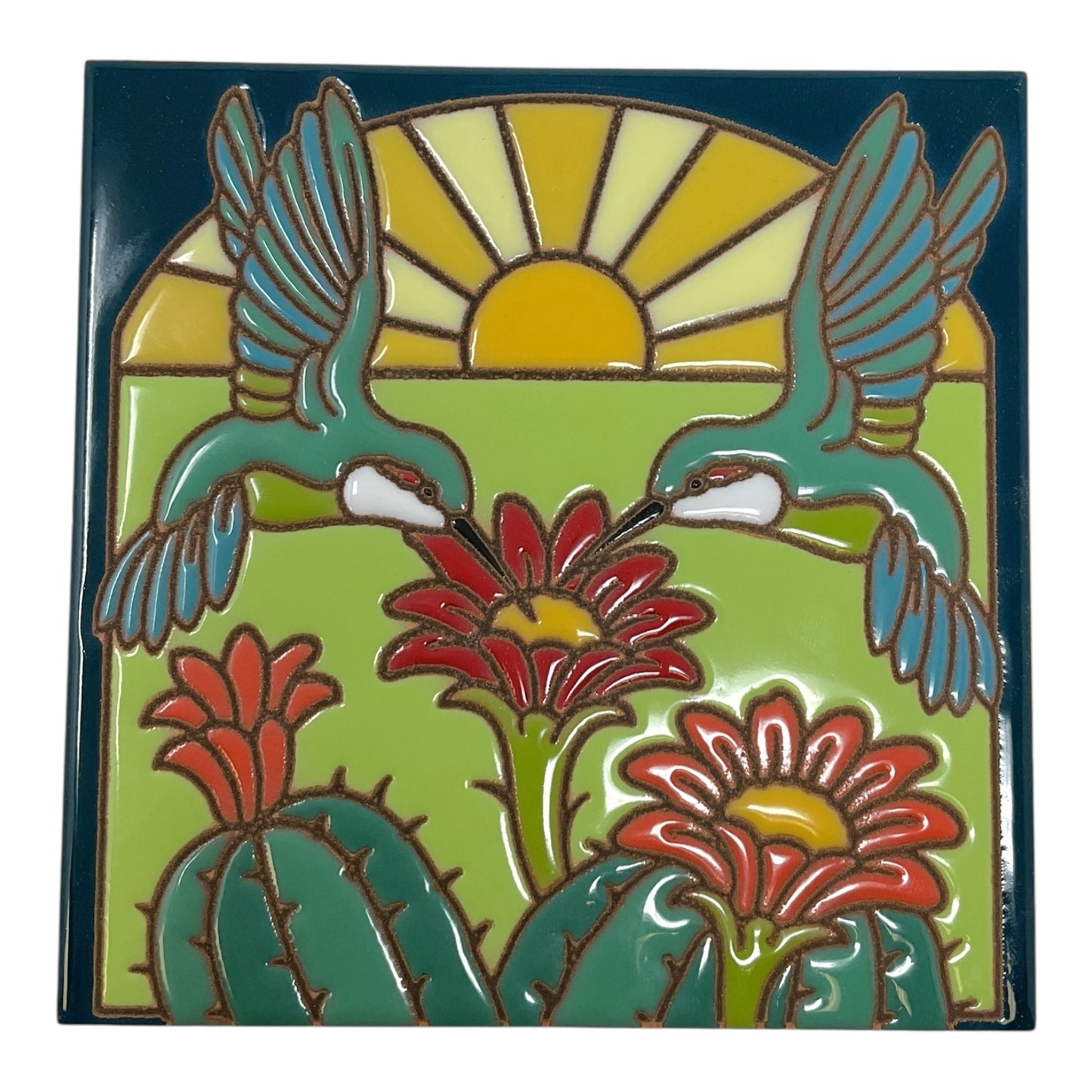 Earthtones Hummingbirds with Barrel Cactus 6X6 Colorful Hand Glazed Southwest Decorative Tile