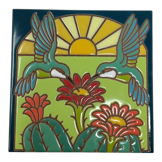 Earthtones Hummingbirds with Barrel Cactus 6X6 Colorful Hand Glazed Southwest Decorative Tile