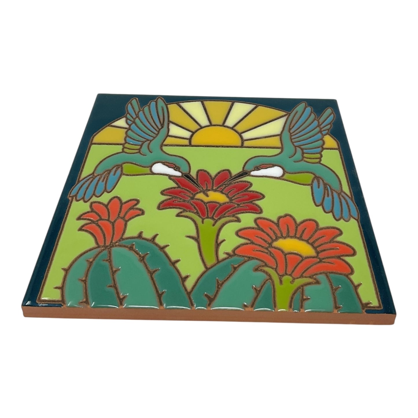 Earthtones Hummingbirds with Barrel Cactus 6X6 Colorful Hand Glazed Southwest Decorative Tile