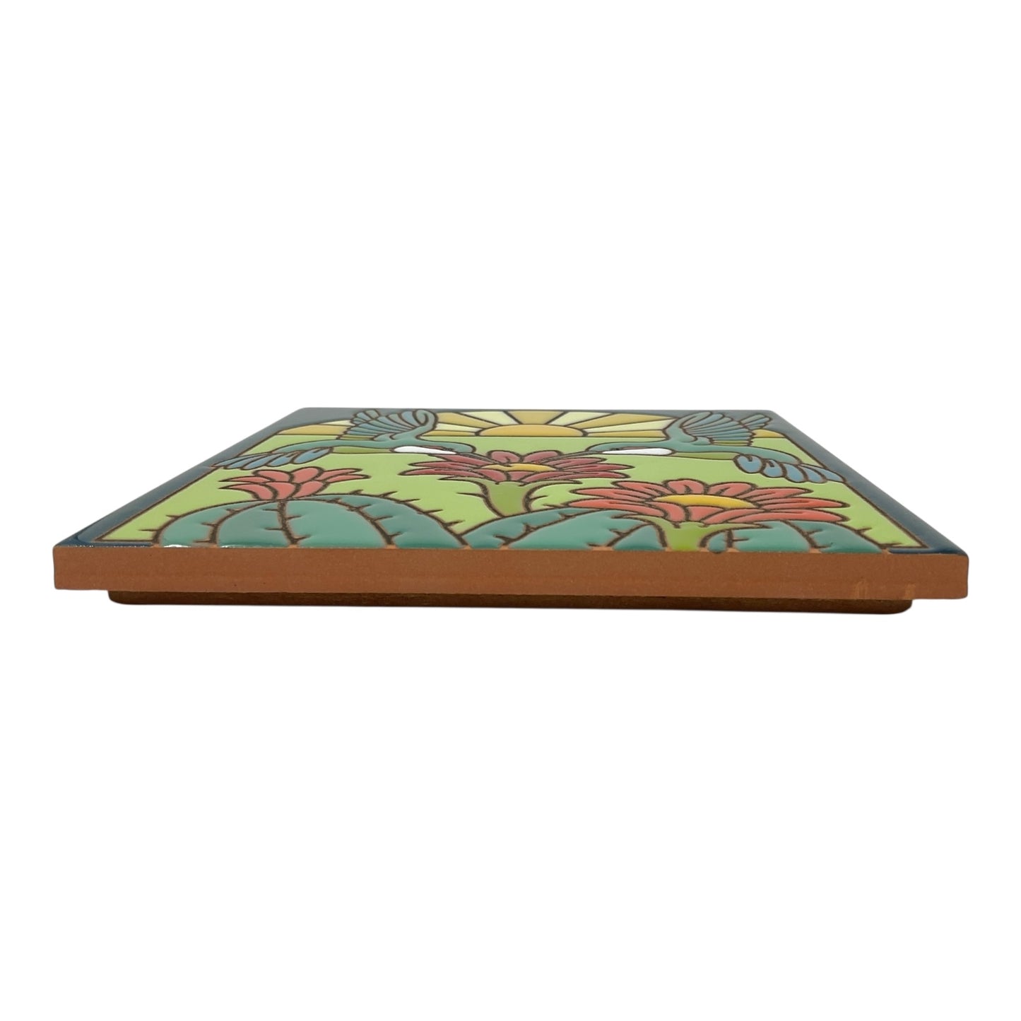Earthtones Hummingbirds with Barrel Cactus 6X6 Colorful Hand Glazed Southwest Decorative Tile
