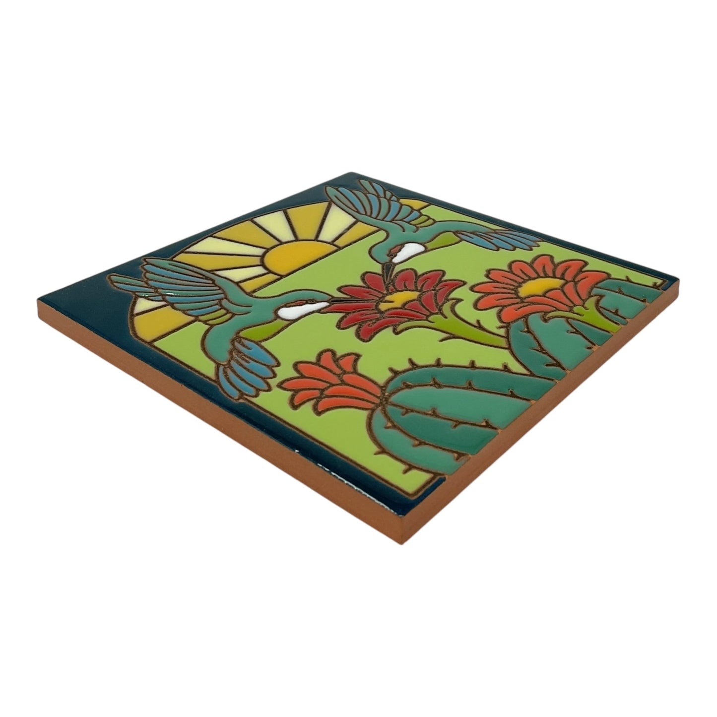 Earthtones Hummingbirds with Barrel Cactus 6X6 Colorful Hand Glazed Southwest Decorative Tile
