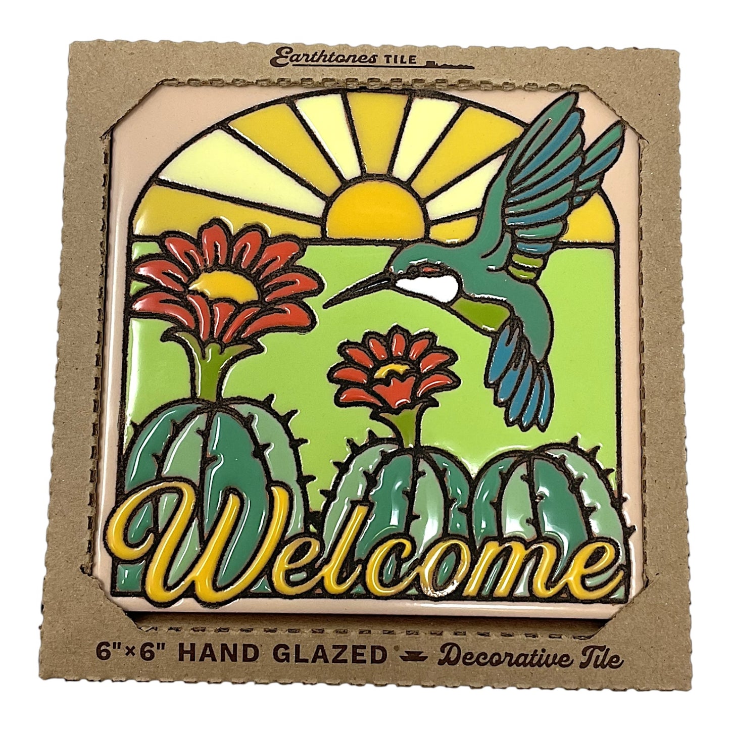 Earthtones Welcome Hummingbird with Barrel Cactus 6X6 Colorful Hand Glazed Southwest Decorative Tile