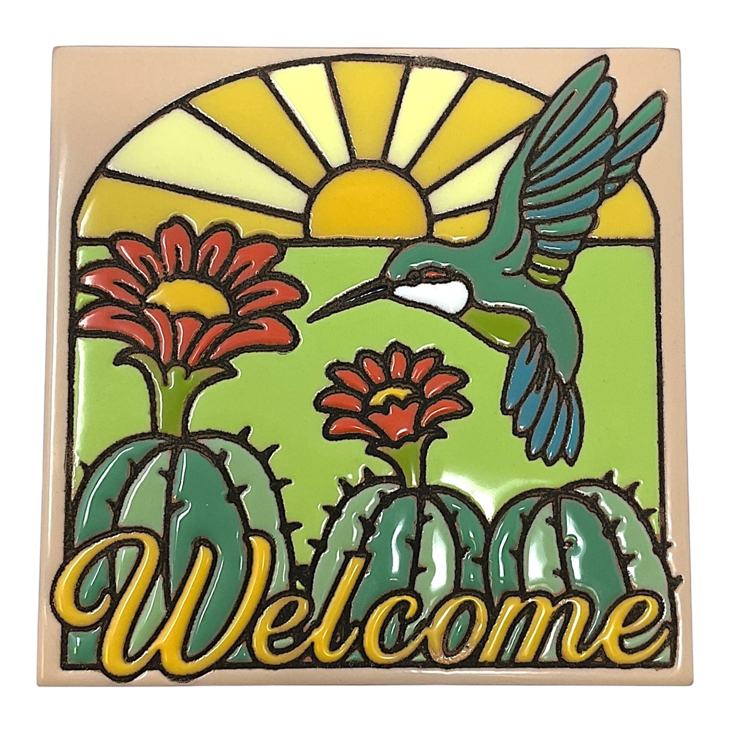 Earthtones Welcome Hummingbird with Barrel Cactus 6X6 Colorful Hand Glazed Southwest Decorative Tile