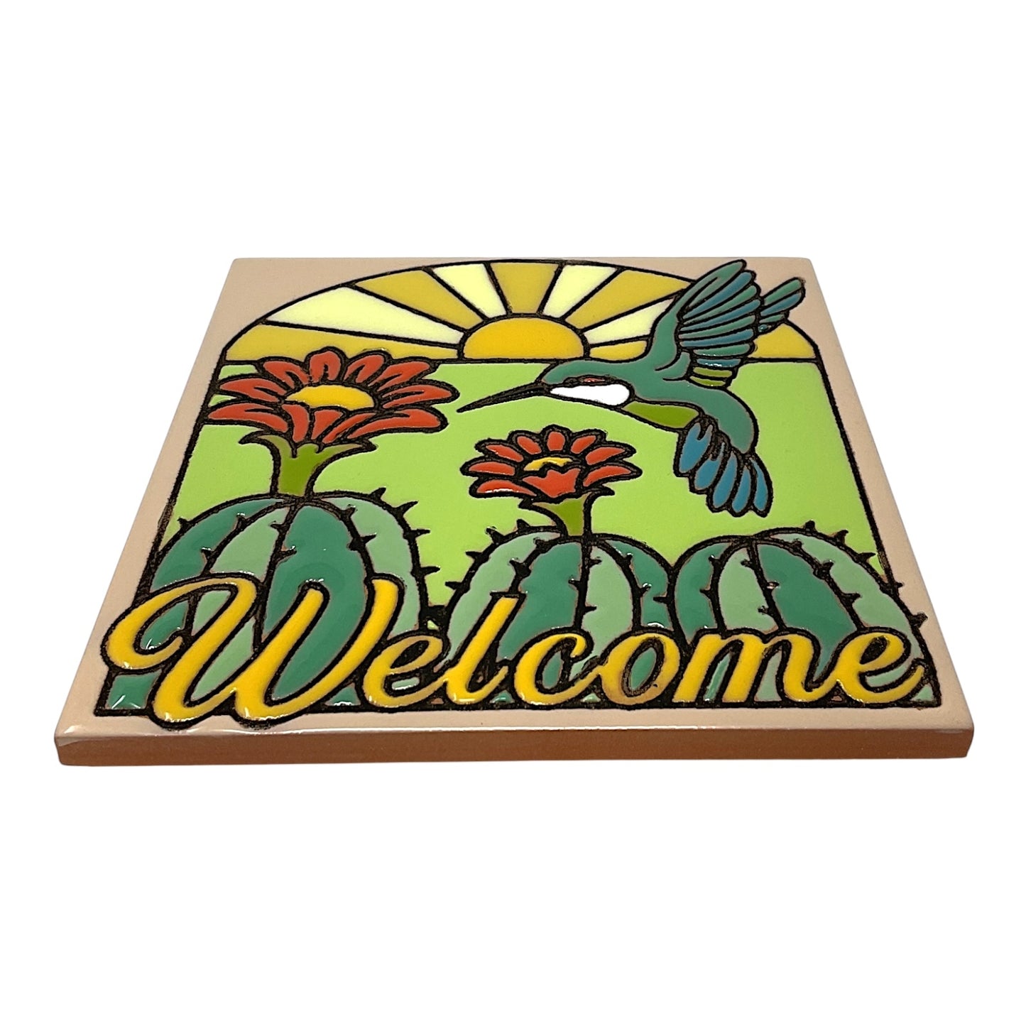 Earthtones Welcome Hummingbird with Barrel Cactus 6X6 Colorful Hand Glazed Southwest Decorative Tile