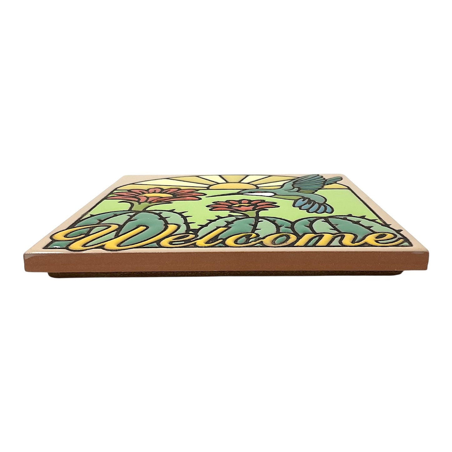 Earthtones Welcome Hummingbird with Barrel Cactus 6X6 Colorful Hand Glazed Southwest Decorative Tile