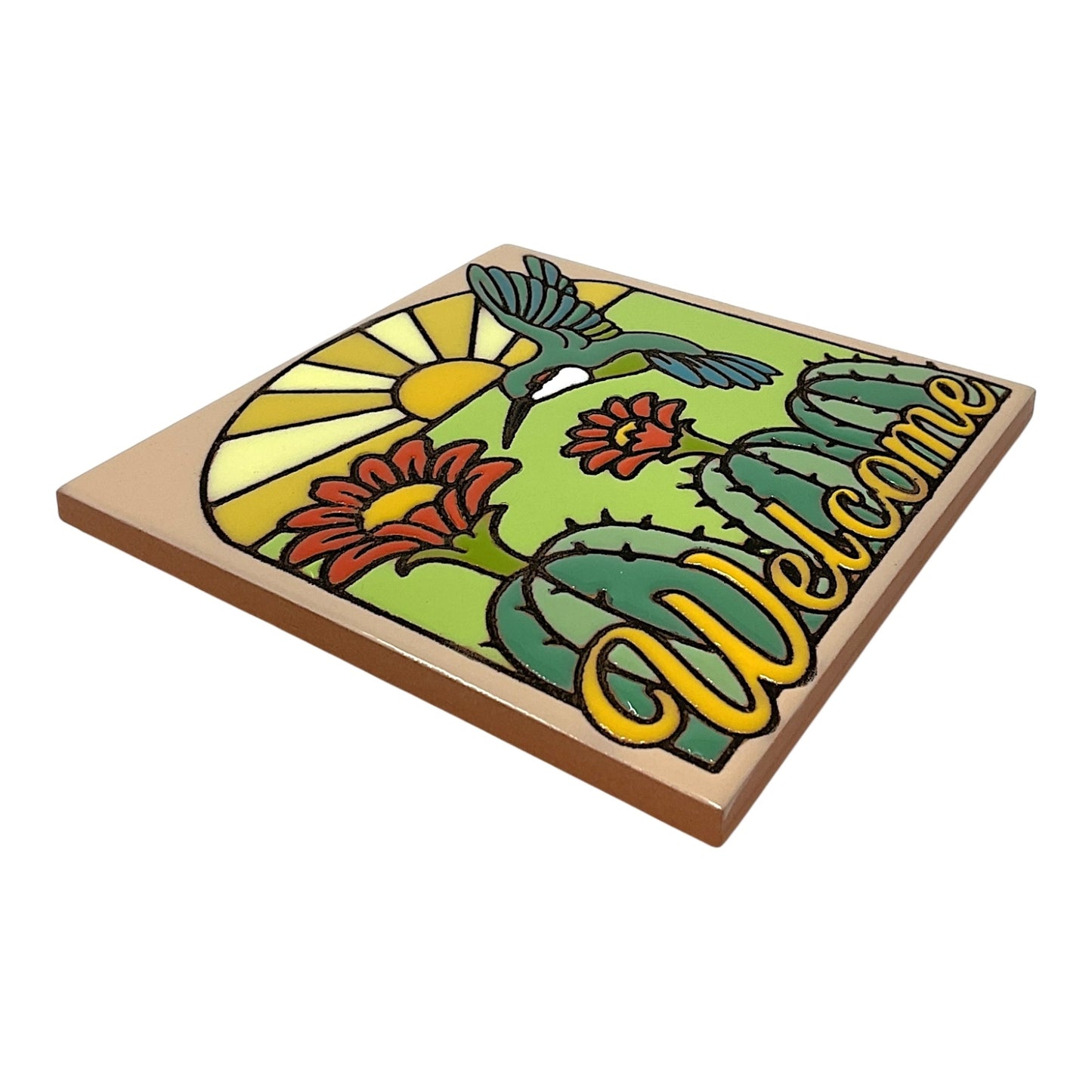 Earthtones Welcome Hummingbird with Barrel Cactus 6X6 Colorful Hand Glazed Southwest Decorative Tile