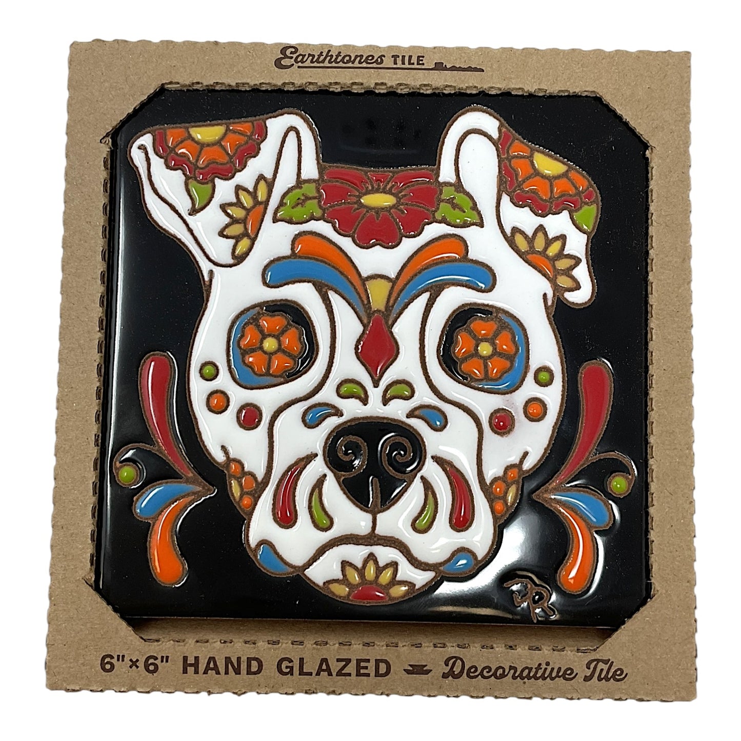 Earthtones Day of the Dead Sugar Skull Dog 6X6 Colorful Hand Glazed Southwest Decorative Tile