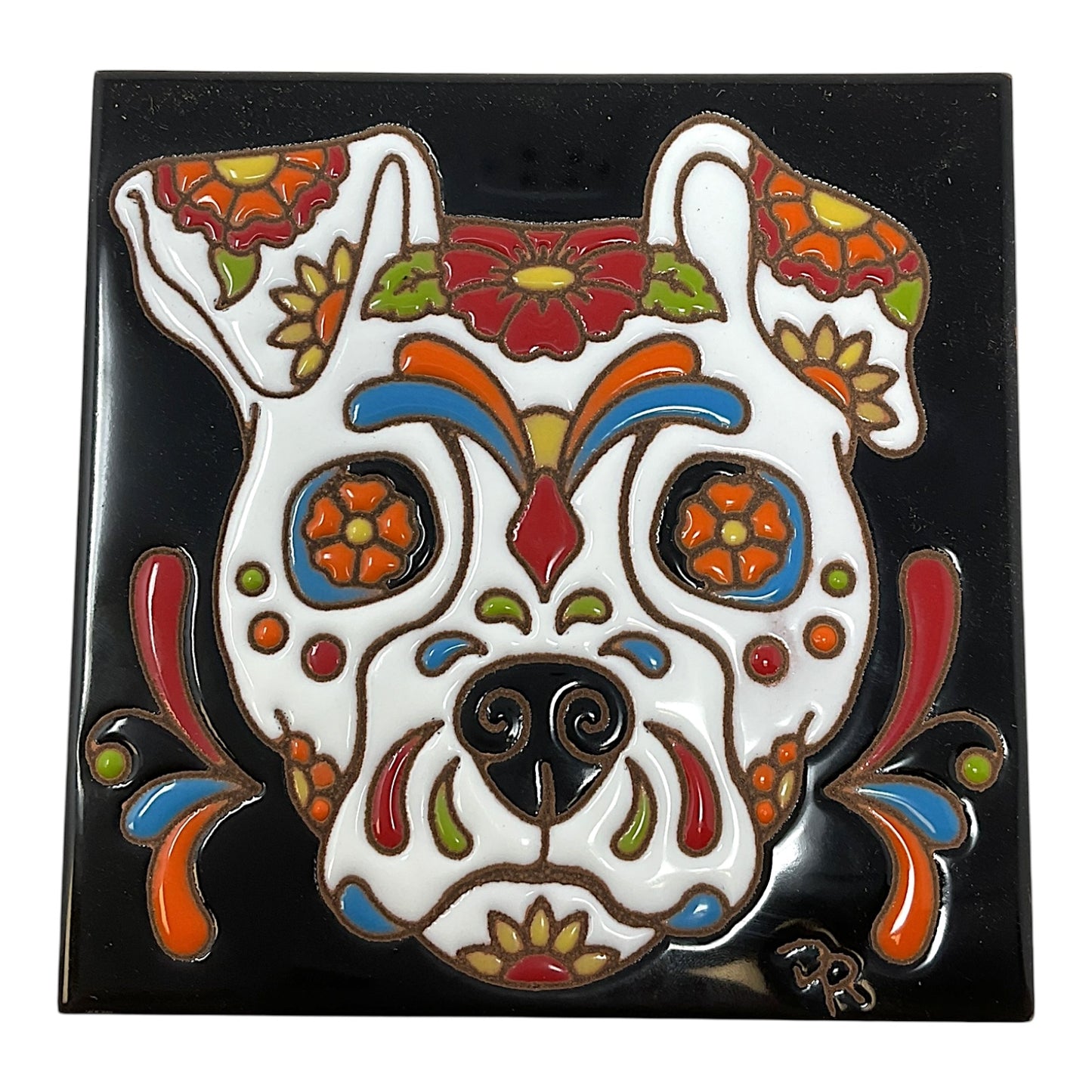 Earthtones Day of the Dead Sugar Skull Dog 6X6 Colorful Hand Glazed Southwest Decorative Tile