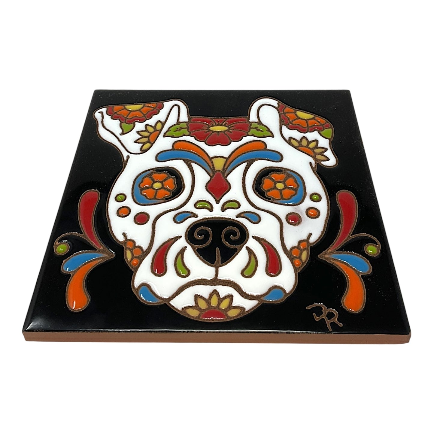 Earthtones Day of the Dead Sugar Skull Dog 6X6 Colorful Hand Glazed Southwest Decorative Tile
