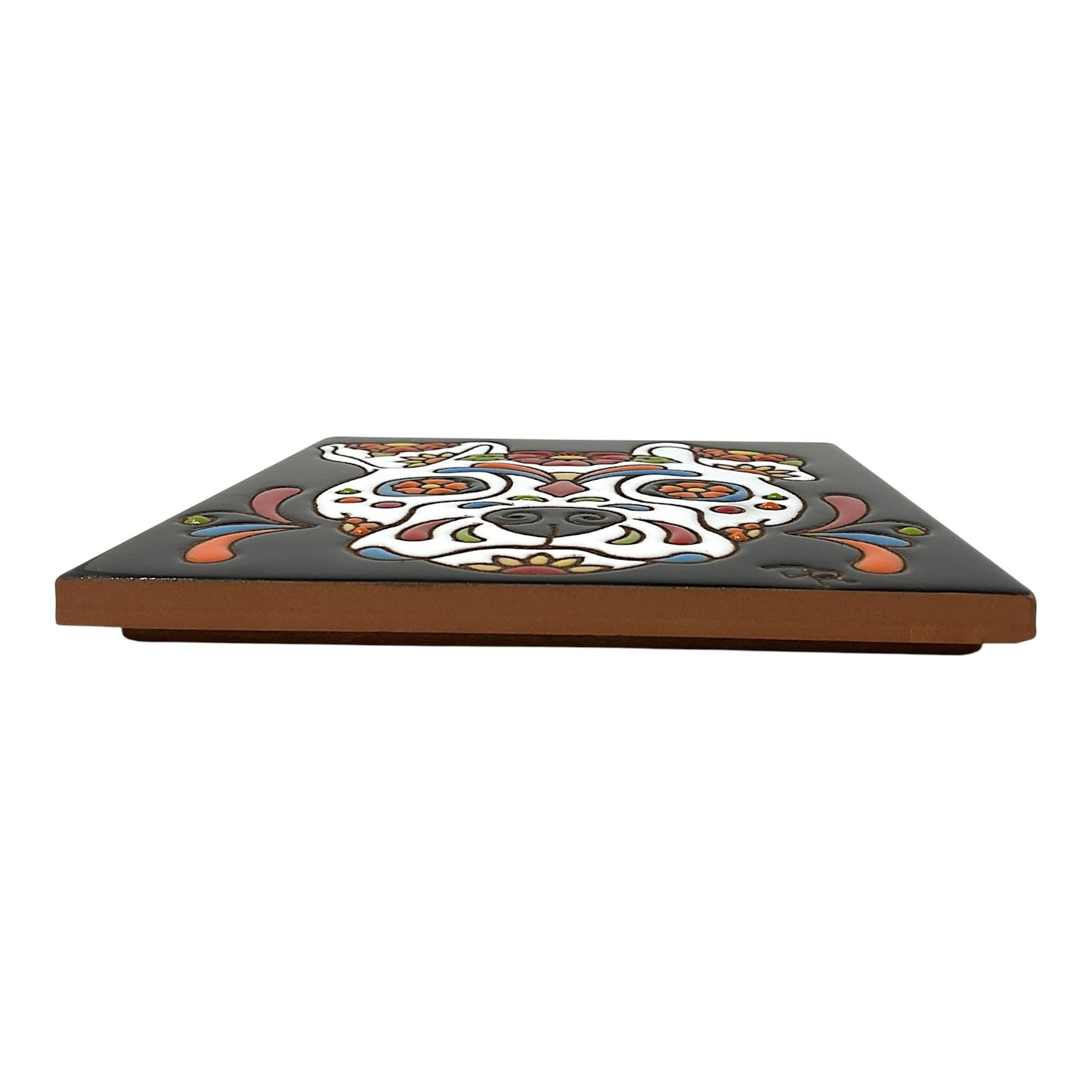 Earthtones Day of the Dead Sugar Skull Dog 6X6 Colorful Hand Glazed Southwest Decorative Tile