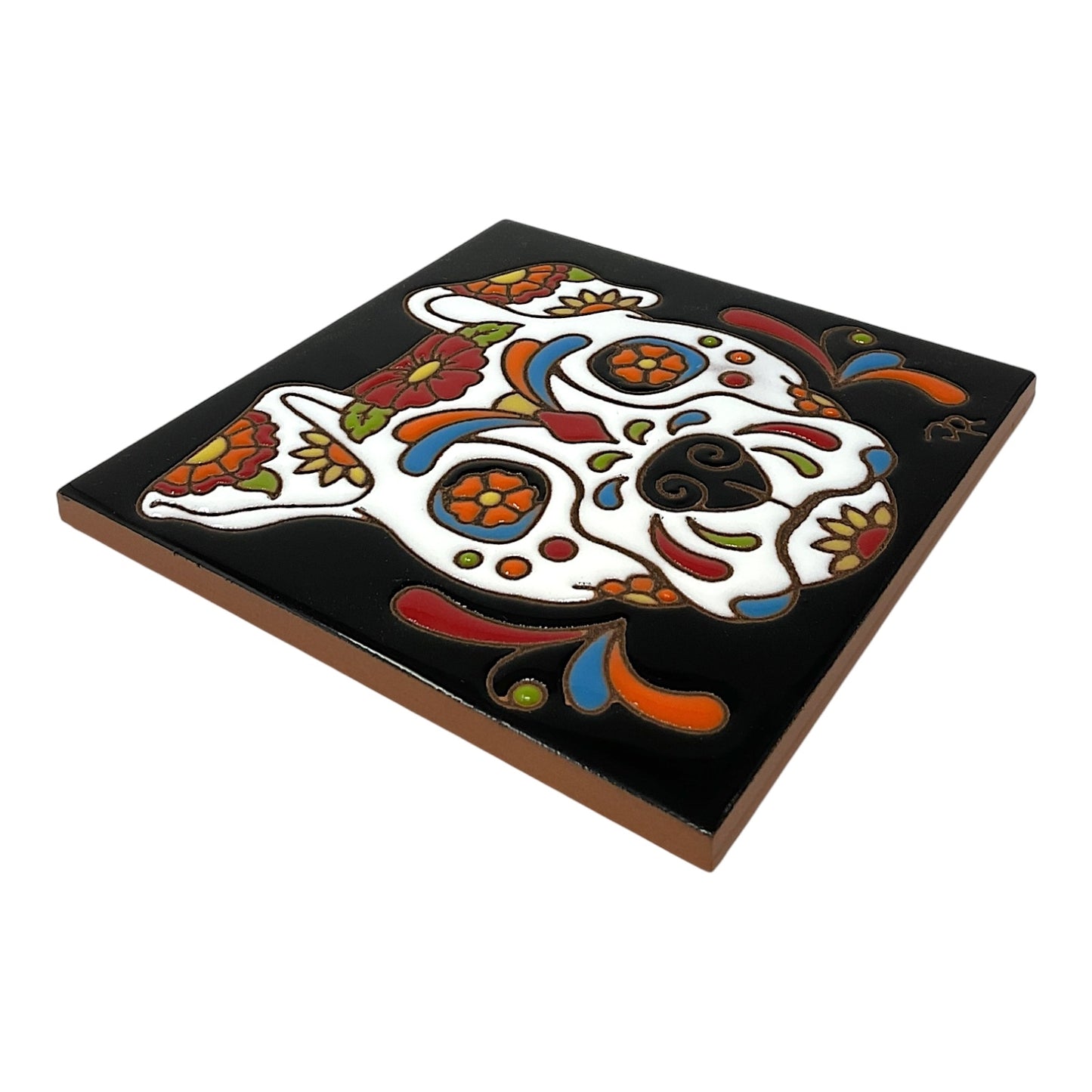 Earthtones Day of the Dead Sugar Skull Dog 6X6 Colorful Hand Glazed Southwest Decorative Tile