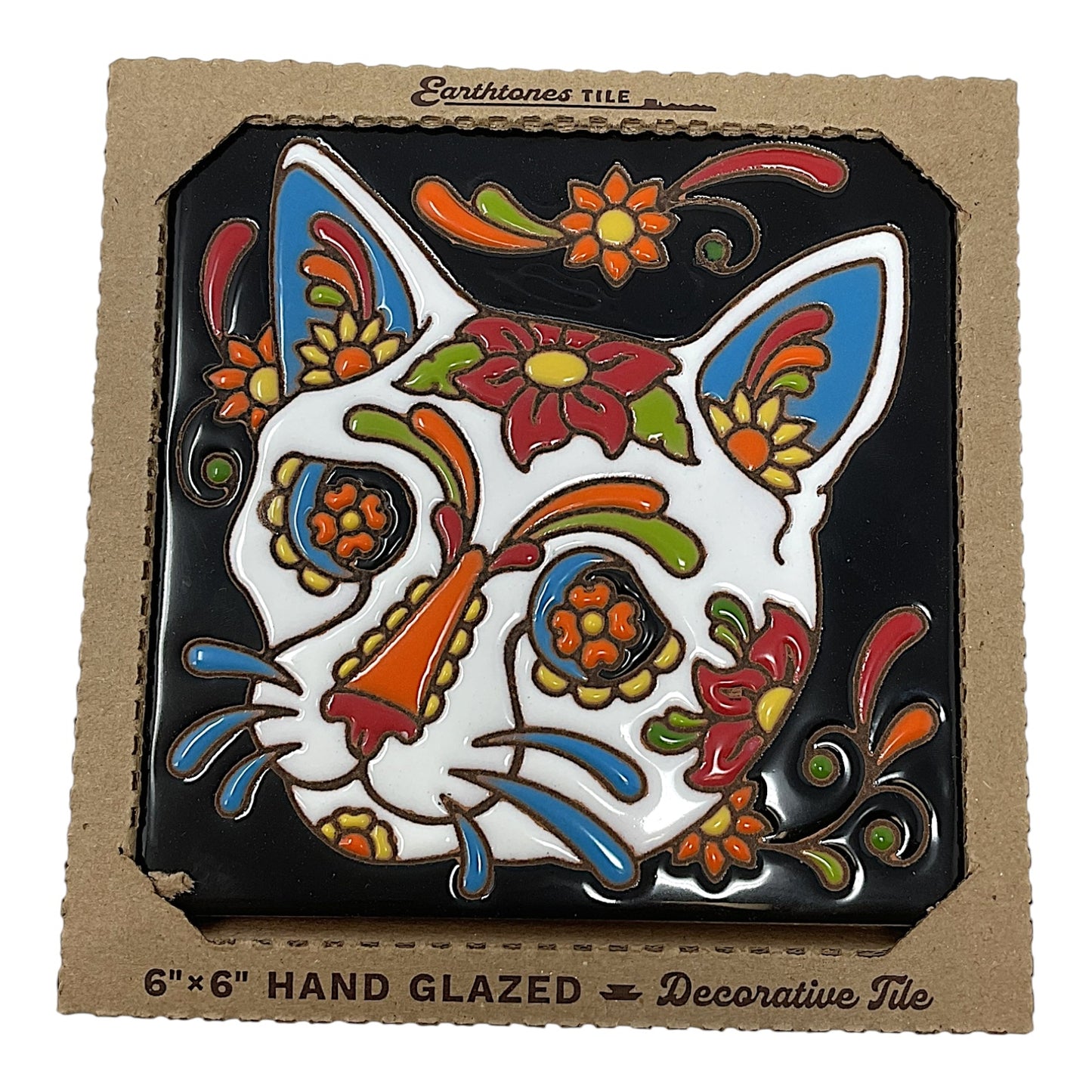 Earthtones Day of the Dead Sugar Skull Cat 6X6 Colorful Hand Glazed Southwest Decorative Tile