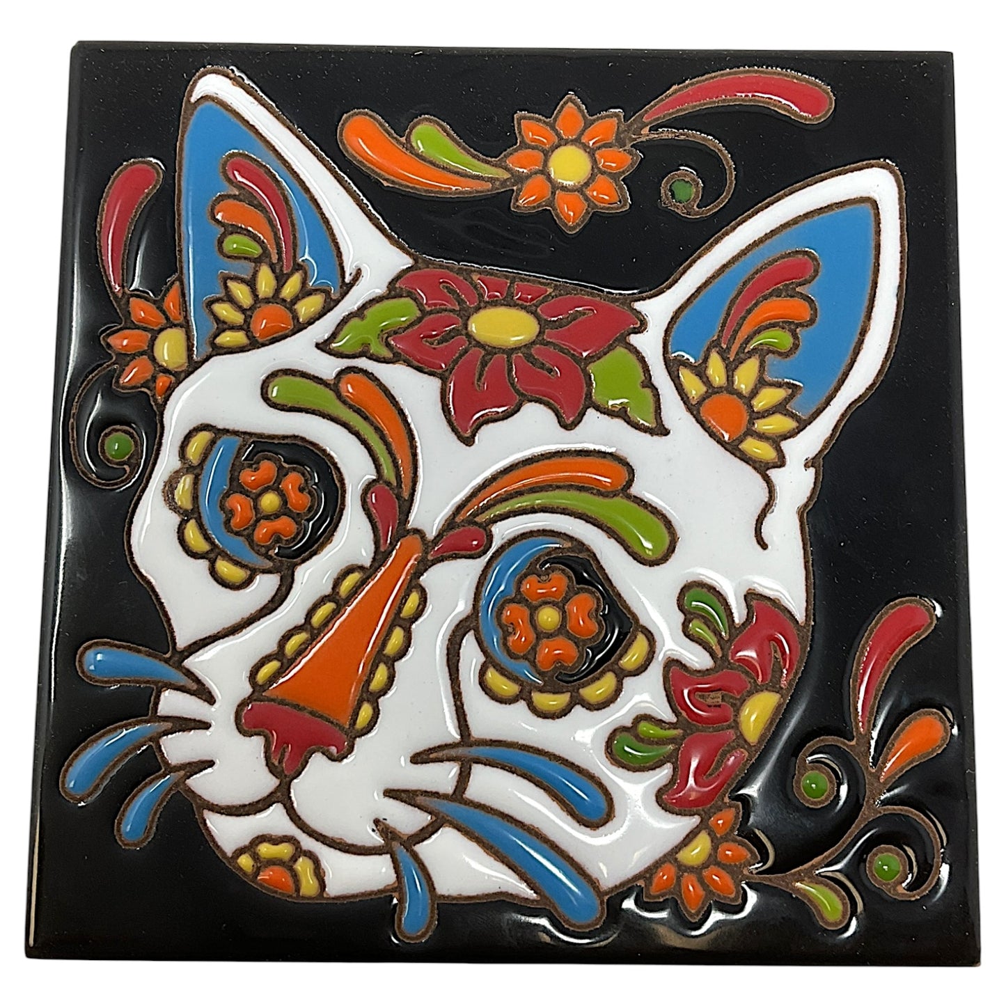 Earthtones Day of the Dead Sugar Skull Cat 6X6 Colorful Hand Glazed Southwest Decorative Tile