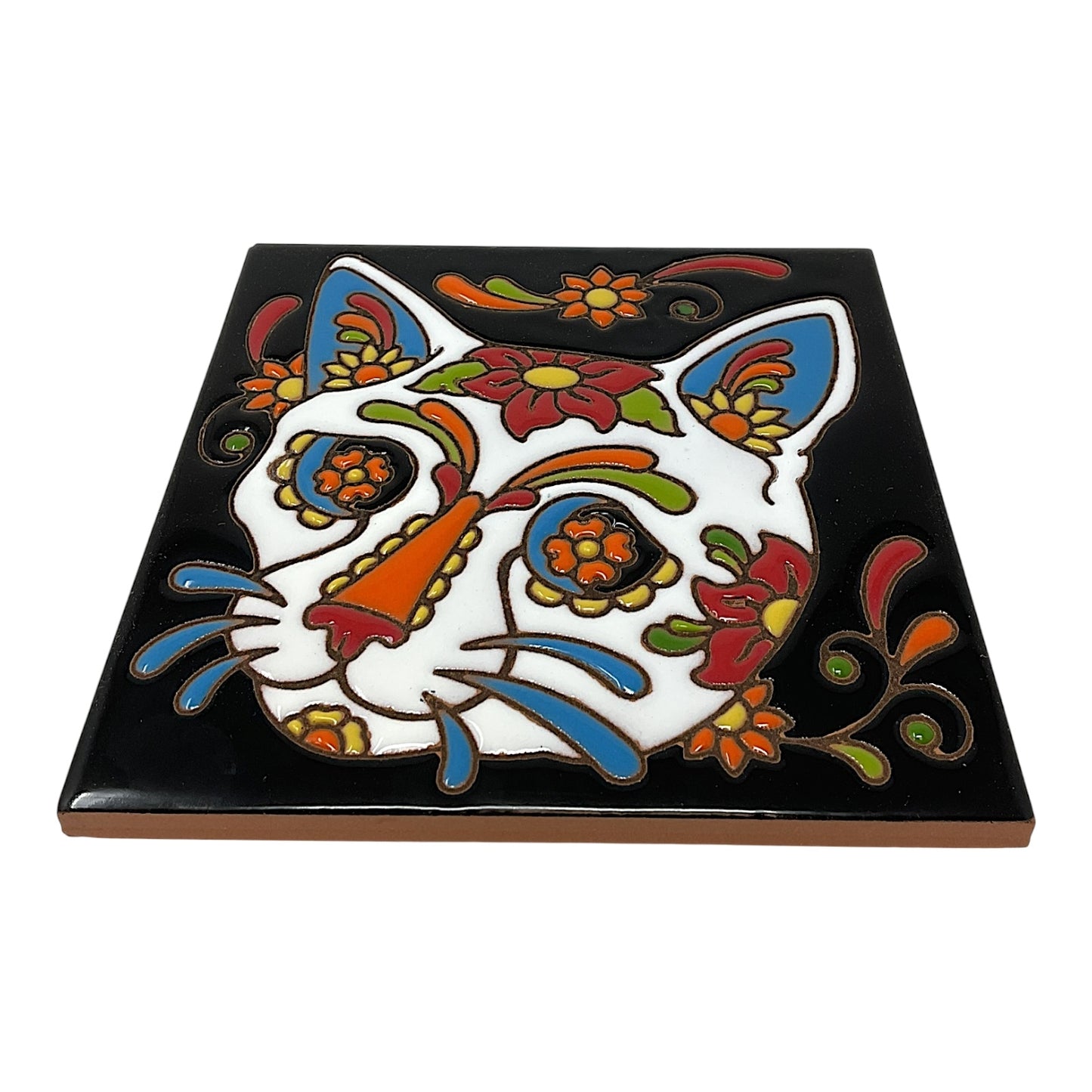 Earthtones Day of the Dead Sugar Skull Cat 6X6 Colorful Hand Glazed Southwest Decorative Tile