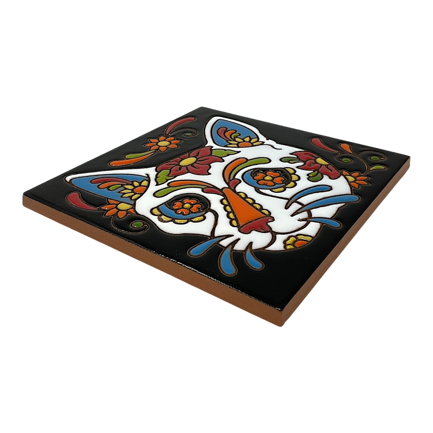Earthtones Day of the Dead Sugar Skull Cat 6X6 Colorful Hand Glazed Southwest Decorative Tile