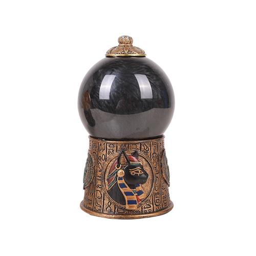 Egyptian Goddess Bastet and Scarab Hieroglyphic Black Sandstorm Gazing Ball Statue 7.25 inch