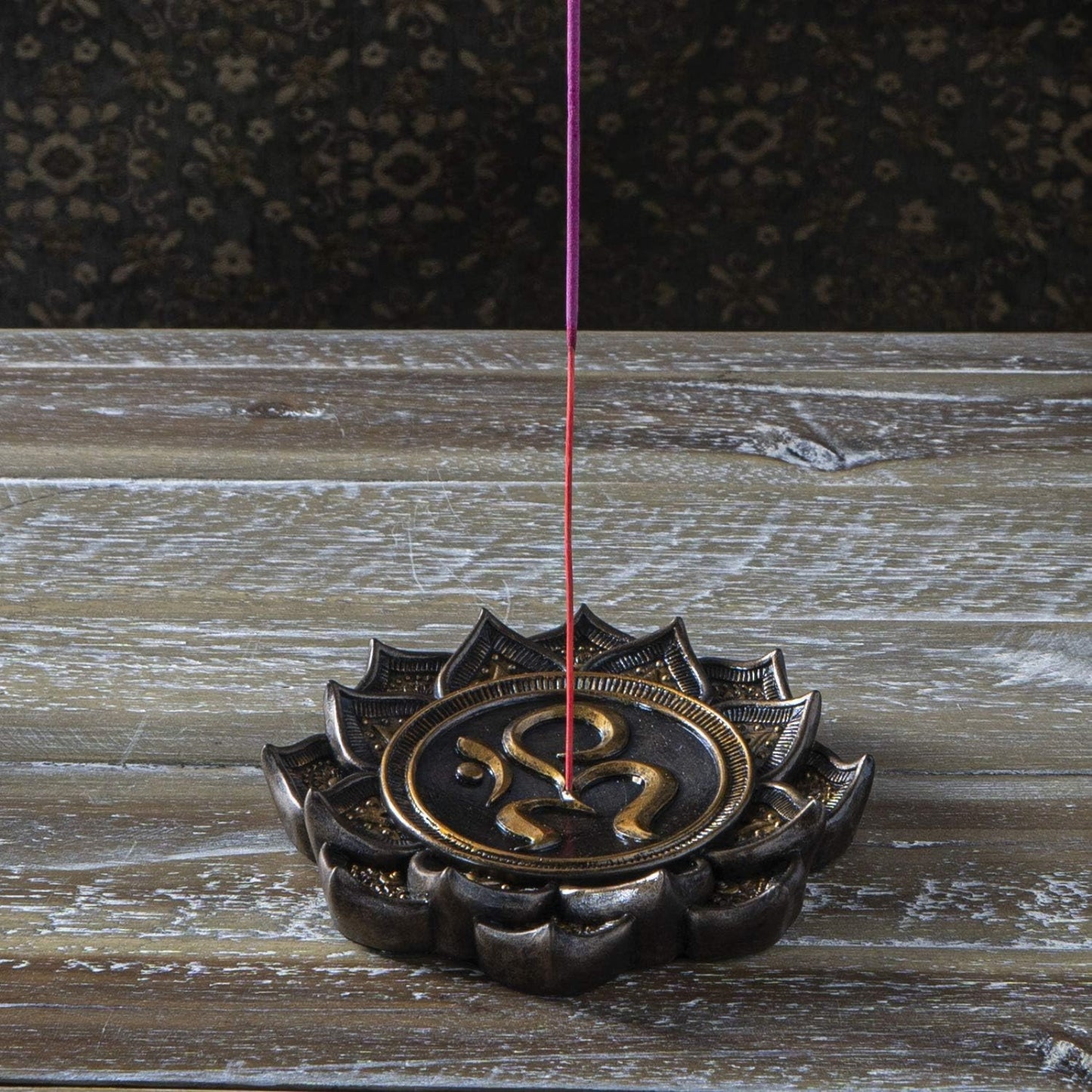Ohm Symbol Design Stick Incense Burner Round Lotus Meditation Base Altar Table Display Collectible