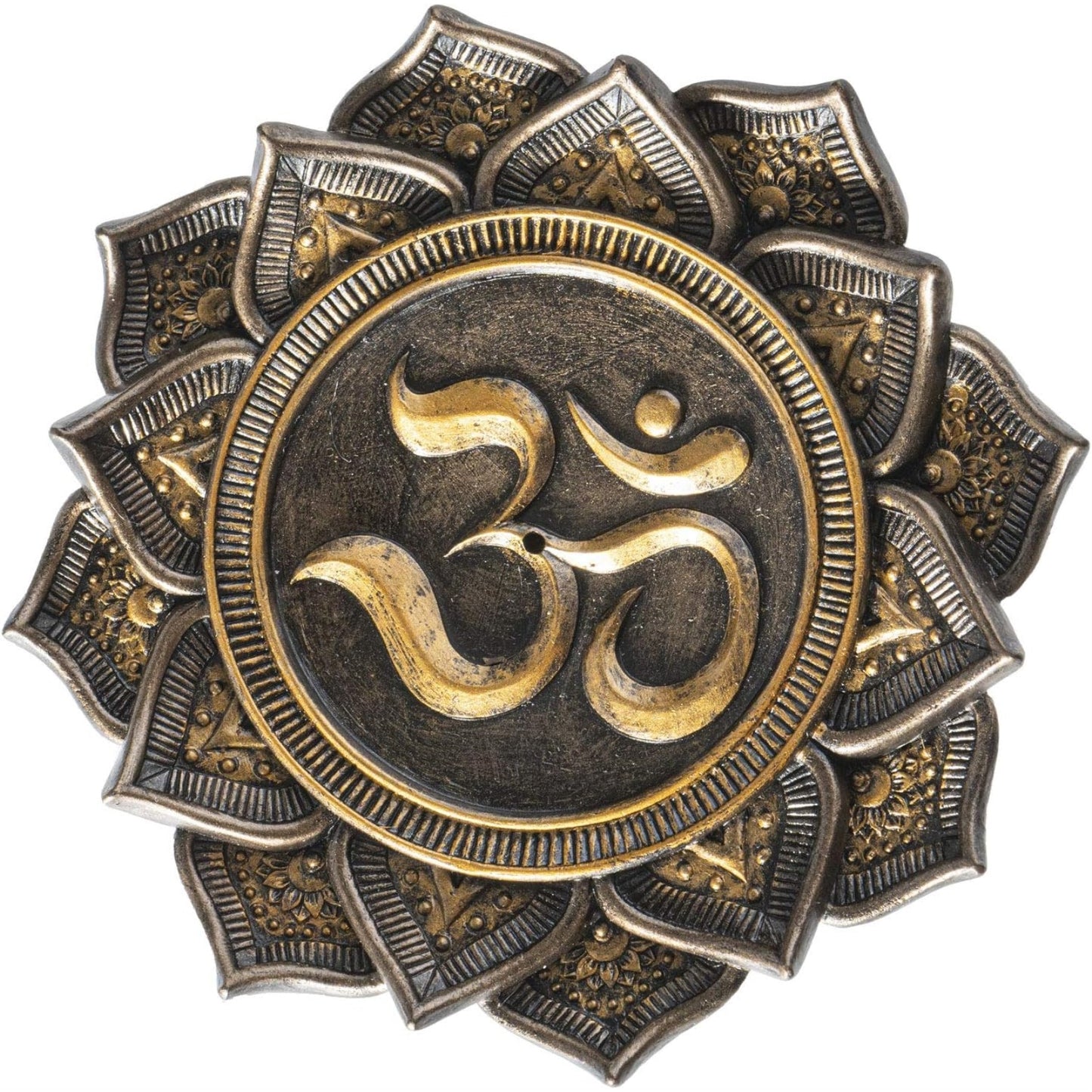 Ohm Symbol Design Stick Incense Burner Round Lotus Meditation Base Altar Table Display Collectible