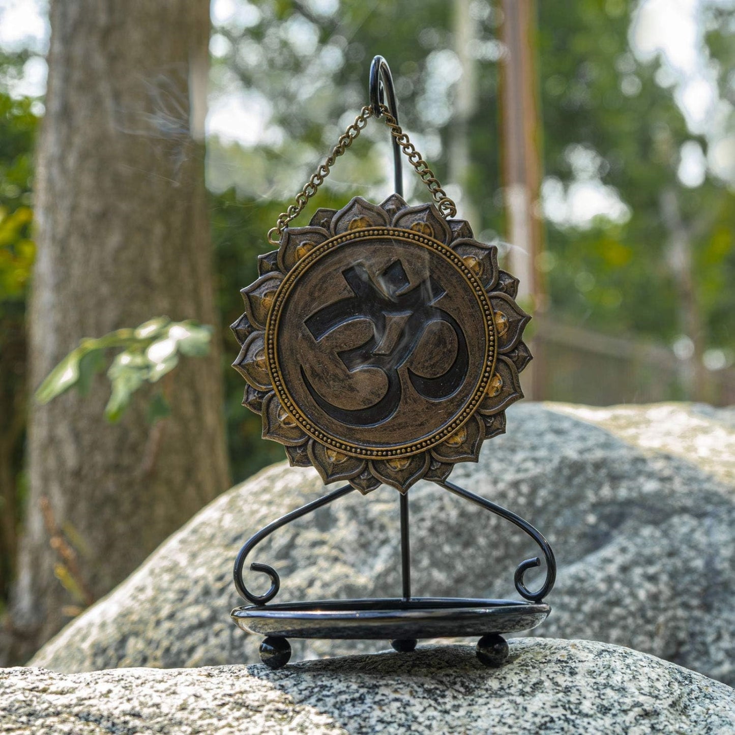 Hanging Backflow Cone Incense Burner Ohm Symbol Design Metal Base Meditation Altar Table Display Aromatherapy