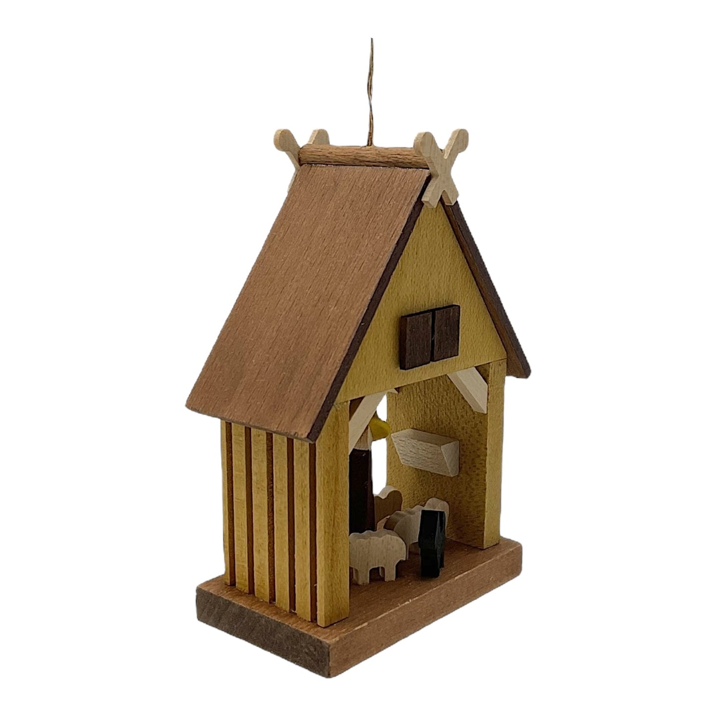 Pinnacle Peak Trading Shepherd and Sheep in the Stable German Wood Christmas Ornament
