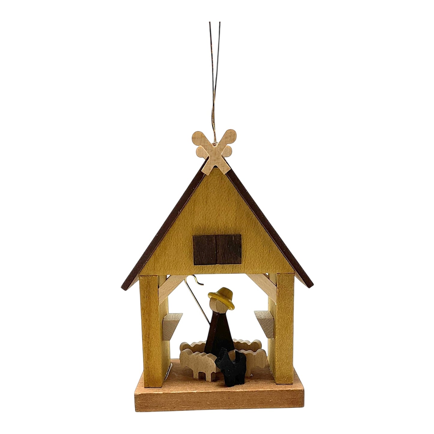 Pinnacle Peak Trading Shepherd and Sheep in the Stable German Wood Christmas Ornament