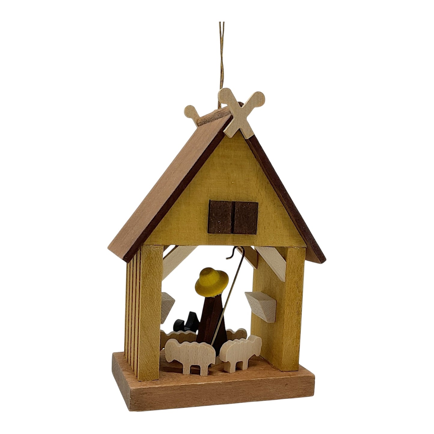 Pinnacle Peak Trading Shepherd and Sheep in the Stable German Wood Christmas Ornament