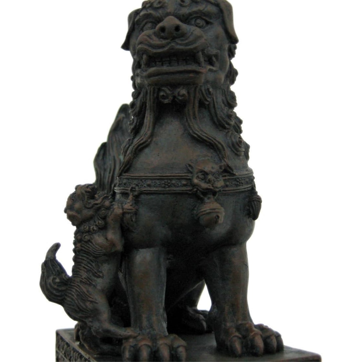 Pair of Chinese Lions Stone Guardian Statue on Engraved Base Statue Bookends