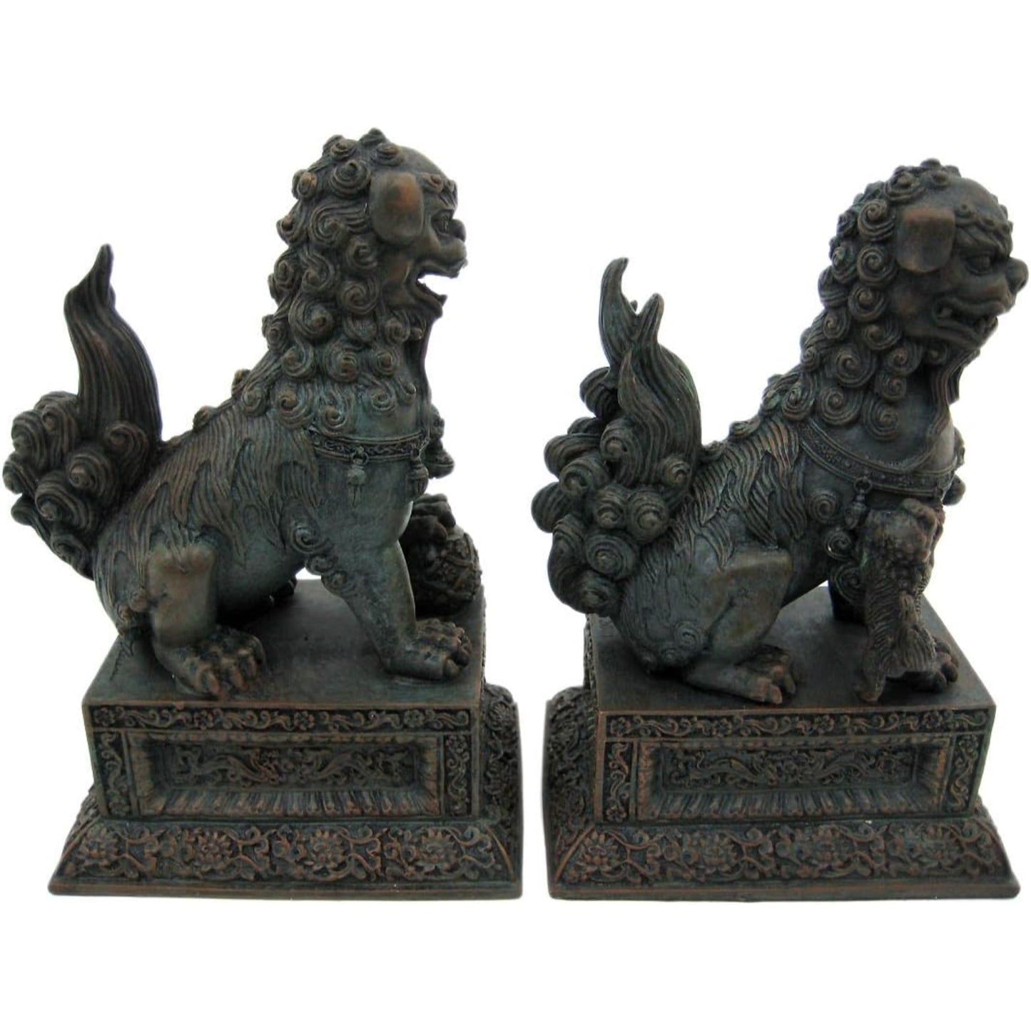 Pair of Chinese Lions Stone Guardian Statue on Engraved Base Statue Bookends