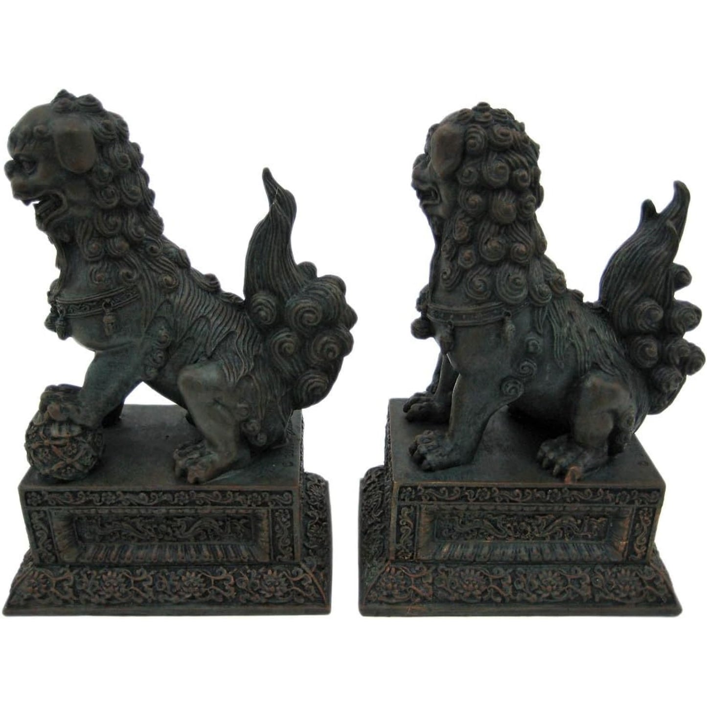 Pair of Chinese Lions Stone Guardian Statue on Engraved Base Statue Bookends