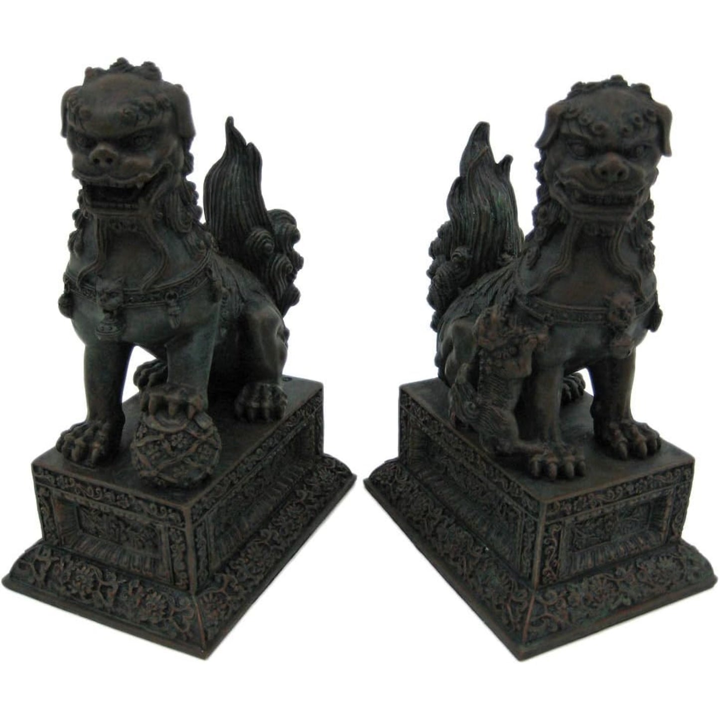 Pair of Chinese Lions Stone Guardian Statue on Engraved Base Statue Bookends