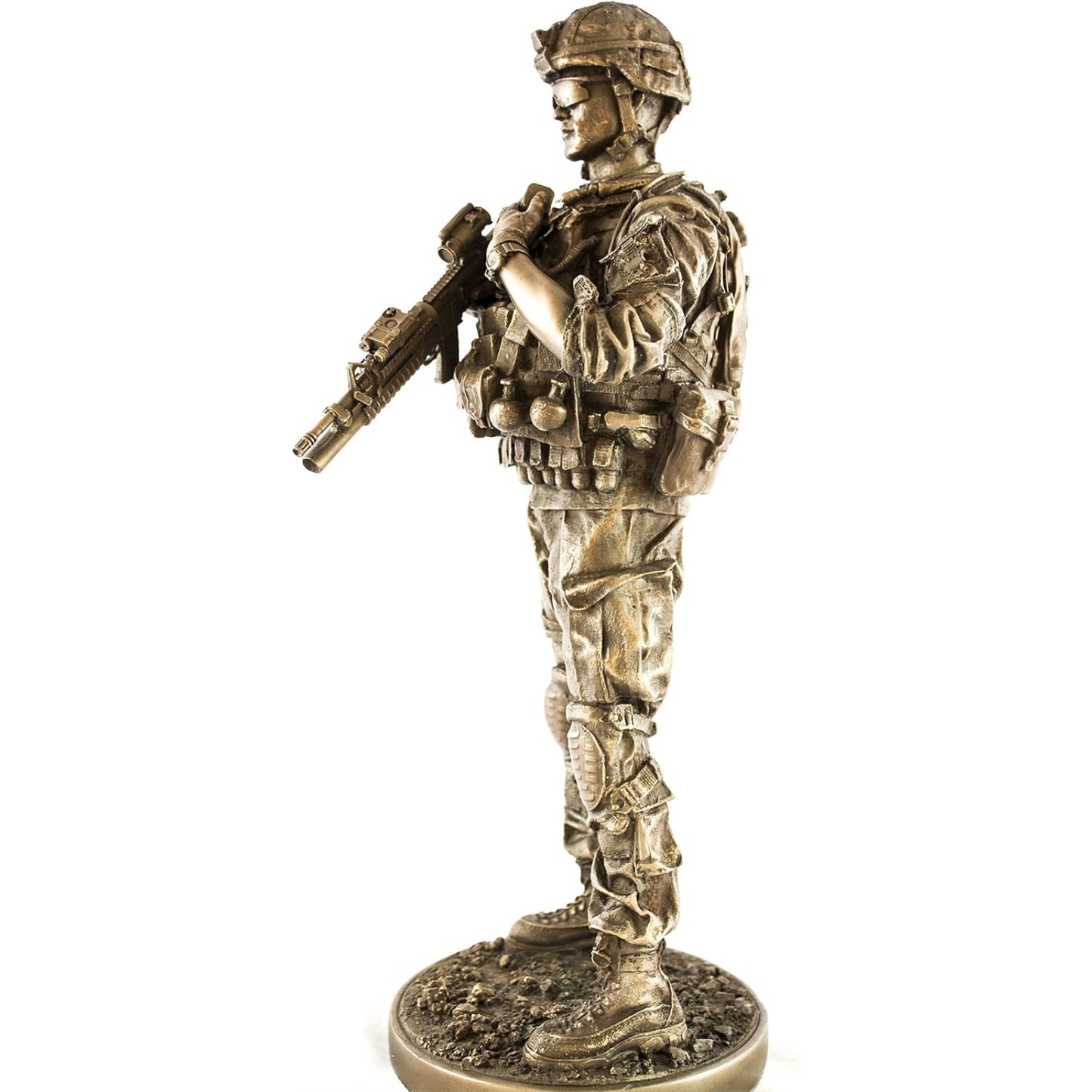 Metal Tone Reporting Detail Fighting Soldier with Gun Resin Statue Display 12.5 inch