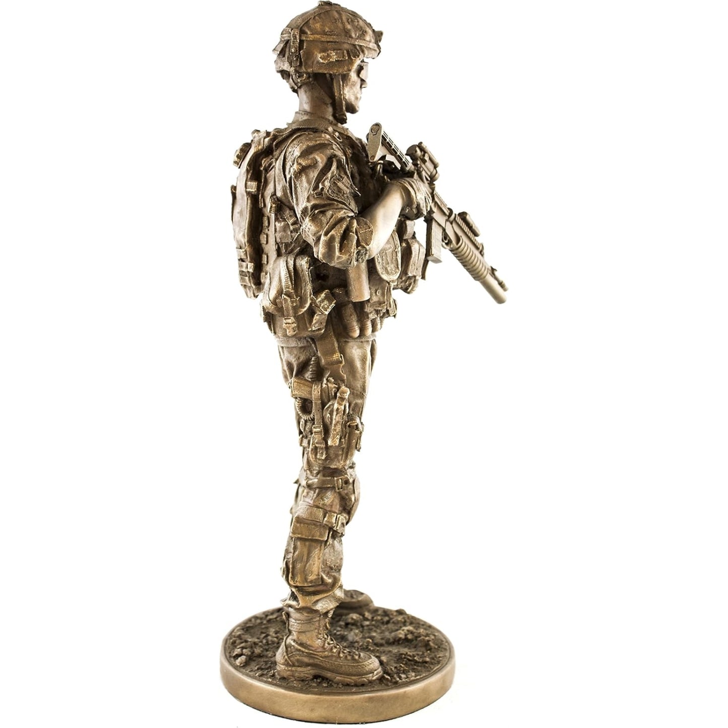 Metal Tone Reporting Detail Fighting Soldier with Gun Resin Statue Display 12.5 inch