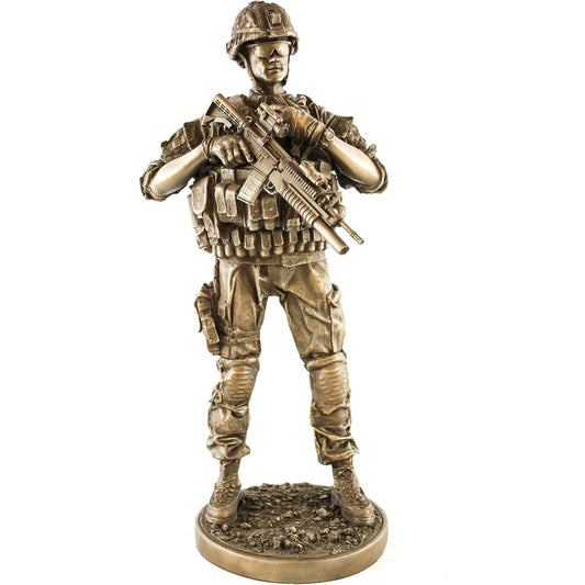 Metal Tone Reporting Detail Fighting Soldier with Gun Resin Statue Display 12.5 inch