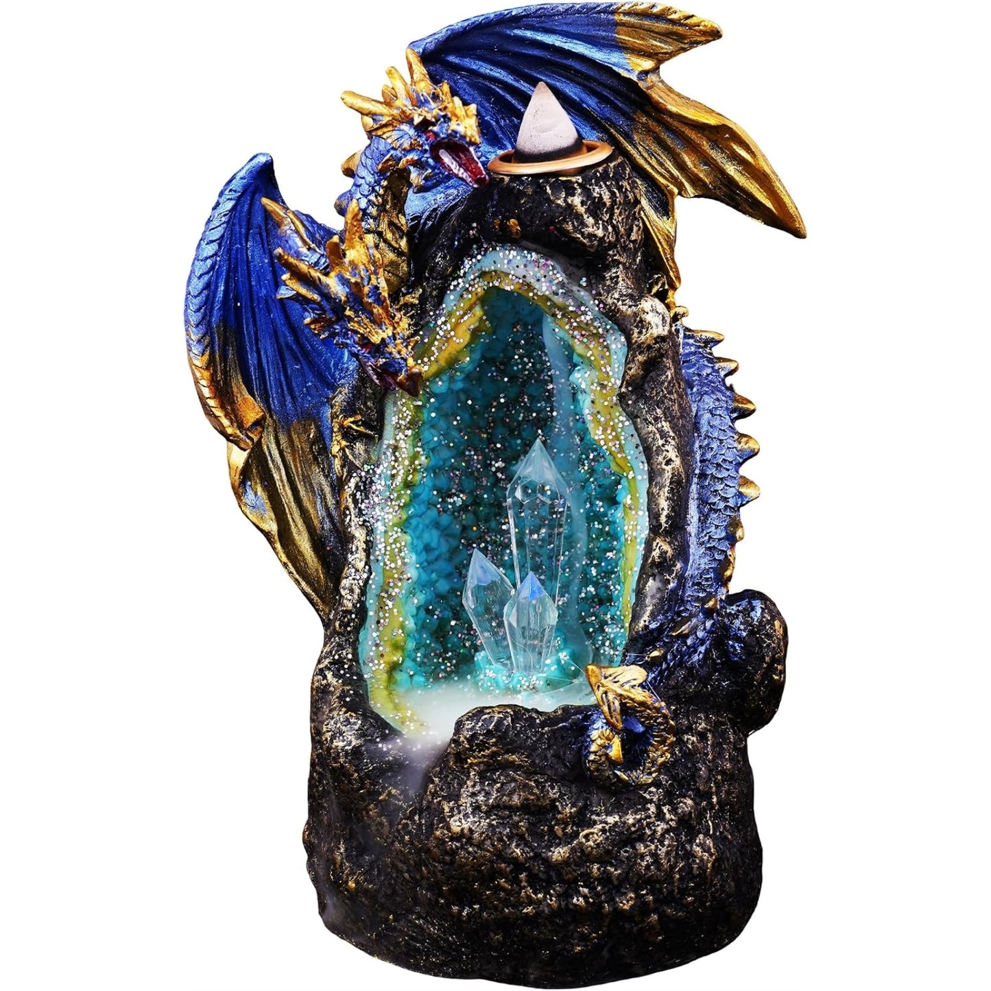 Fantasy Gifts Blue Dragon LED Crystal Geode Backflow Burner Accent with Color-Changing LED for Meditation