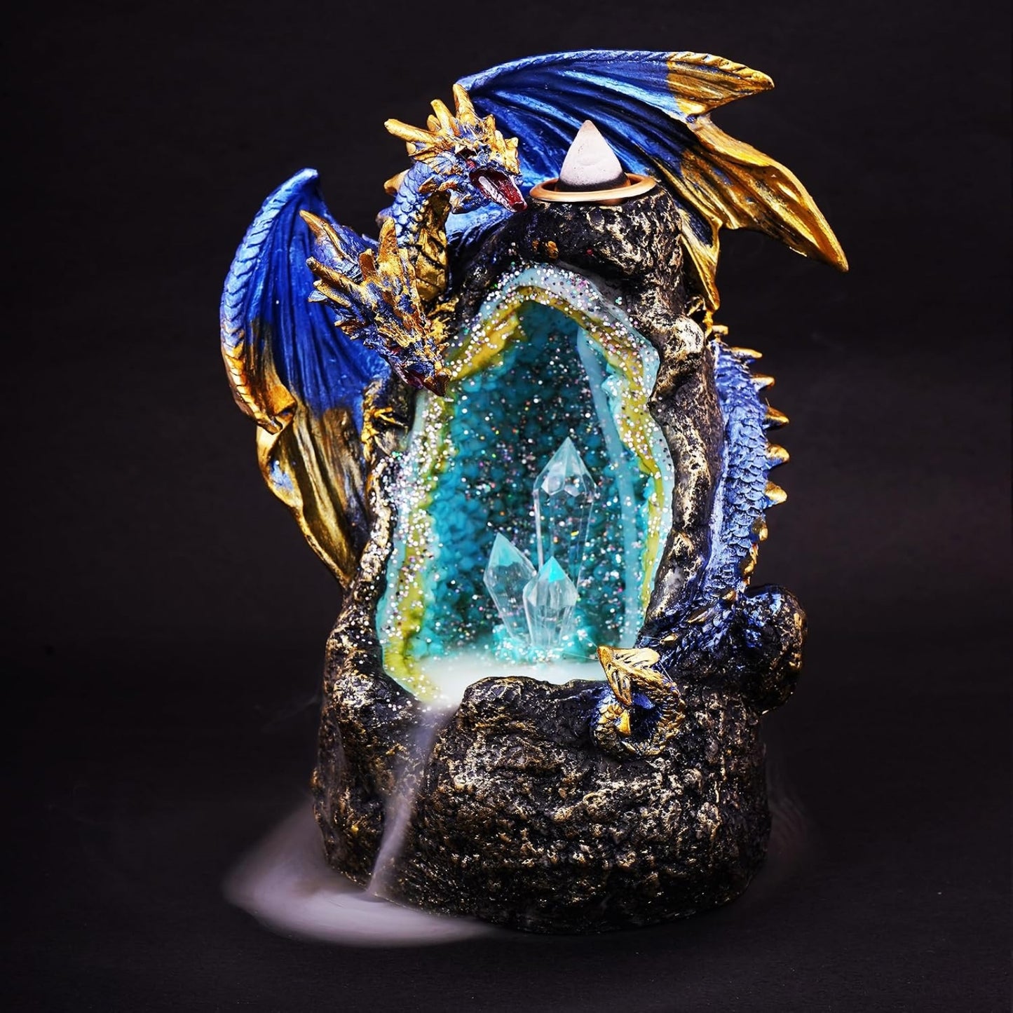 Fantasy Gifts Blue Dragon LED Crystal Geode Backflow Burner Accent with Color-Changing LED for Meditation