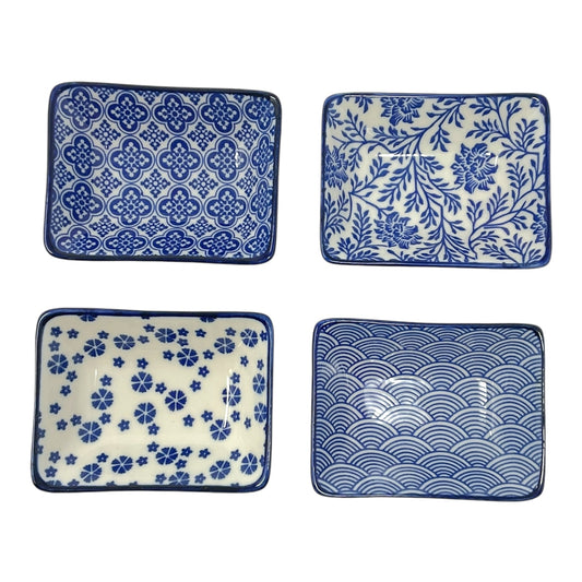 Blue and White Ceramic Japanese Style Sauce Dipping Bowls 4 Piece Set