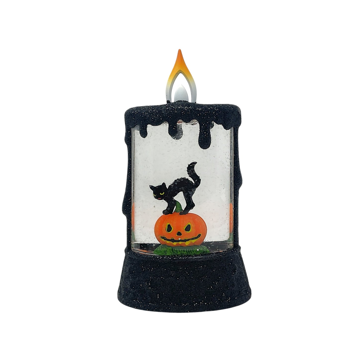 Roman Lighted Mini Candle with Halloween Black Cat and Pumpkin Snowdome 5.7 Inch