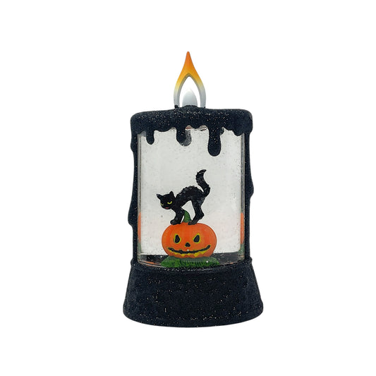 Roman Lighted Mini Candle with Halloween Black Cat and Pumpkin Snowdome 5.7 Inch